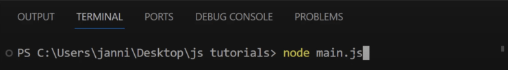 Wir schreiben node main.js in das Terminal, um in JavaScript arrow functions auszuführen