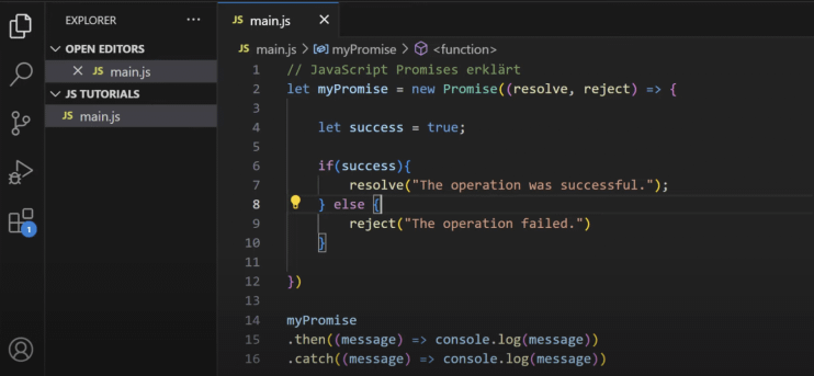 Der gesamte Code unseres JavaScript Promises sieht aktuell so aus