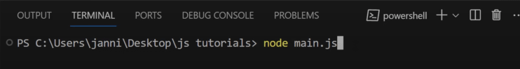 Um die erste der Javascript Schleifen auszuführen, schreiben wir node main.js in die Konsole
