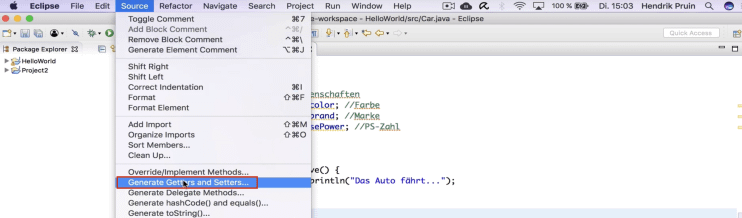 In Eclipse kann man Getter und Setter für Java Attribute automatisch generieren lassen
